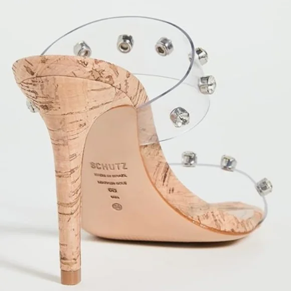 Schutz Ariella Cork Vinyl Stiletto Heel Sandals 6 - Picture 3 of 9